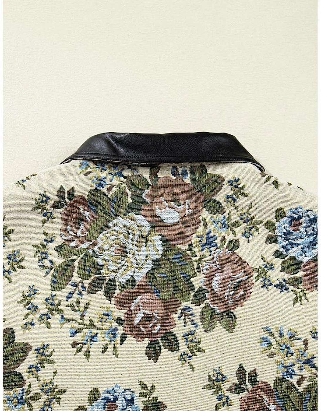 Khaki Floral Print Zip Up Contrast Collared Jacket