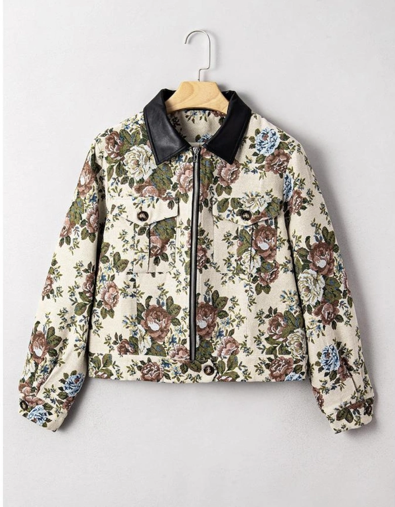 Khaki Floral Print Zip Up Contrast Collared Jacket