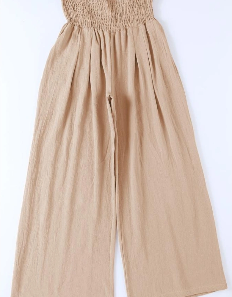 Khaki Smocked Wide Waistband High Waist Wide Leg Pants