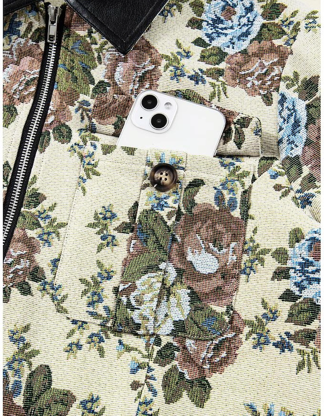 Khaki Floral Print Zip Up Contrast Collared Jacket