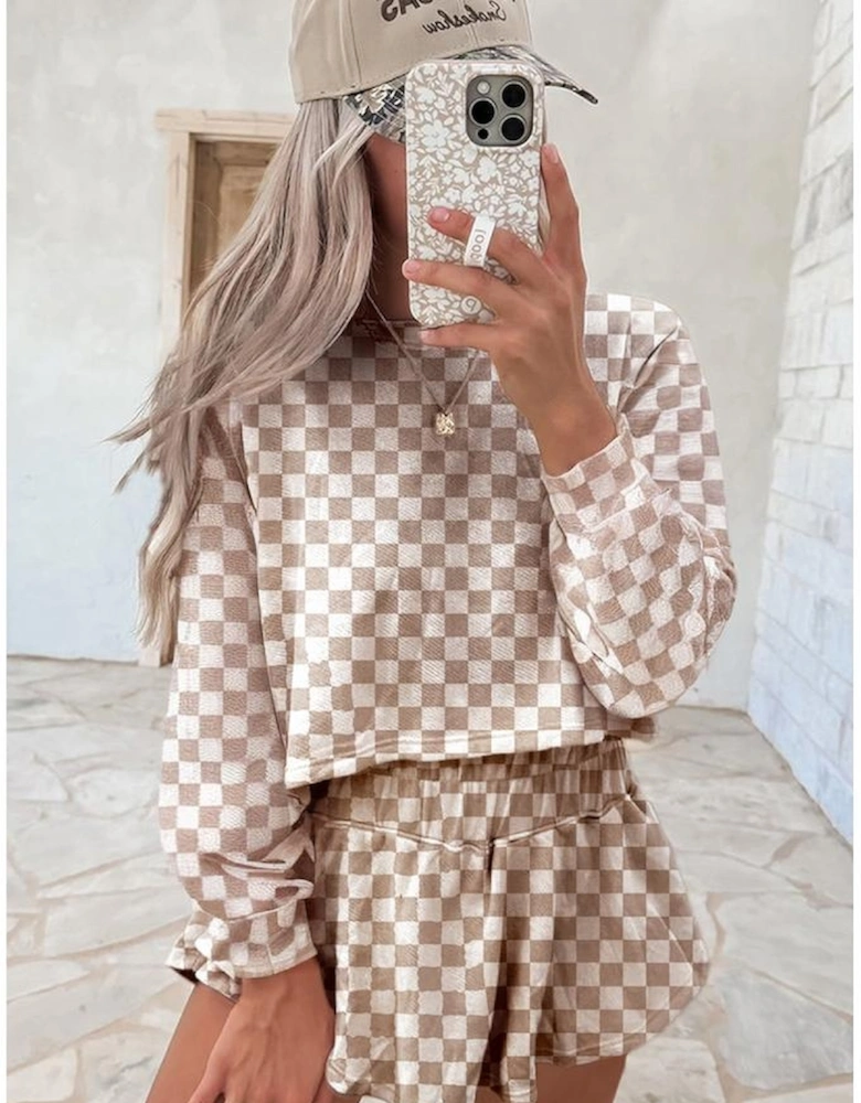 Khaki Checkered Long Sleeve Crop Top High Waist Skort 2pcs Set