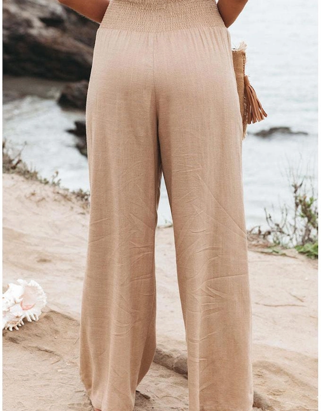 Khaki Smocked Wide Waistband High Waist Wide Leg Pants