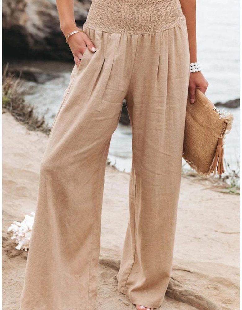 Khaki Smocked Wide Waistband High Waist Wide Leg Pants