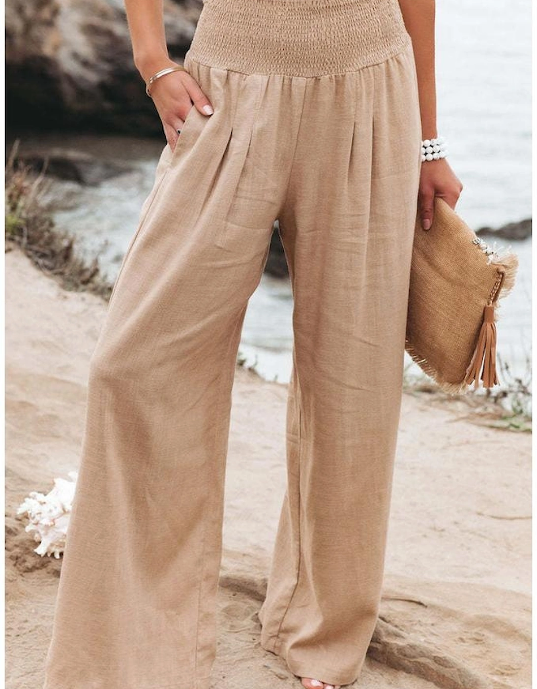 Khaki Smocked Wide Waistband High Waist Wide Leg Pants