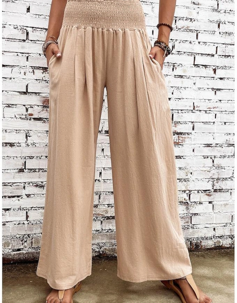Khaki Smocked Wide Waistband High Waist Wide Leg Pants