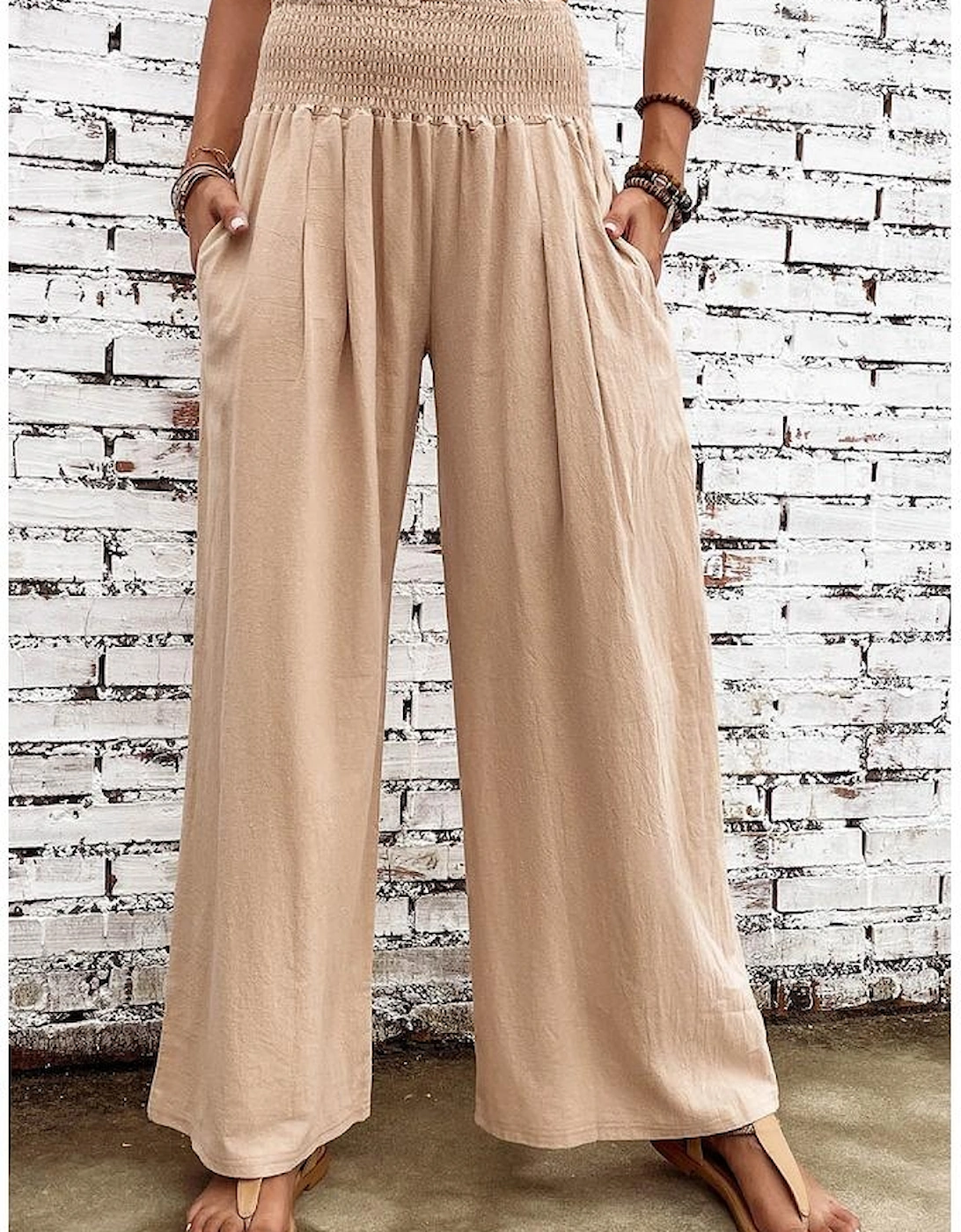 Khaki Smocked Wide Waistband High Waist Wide Leg Pants
