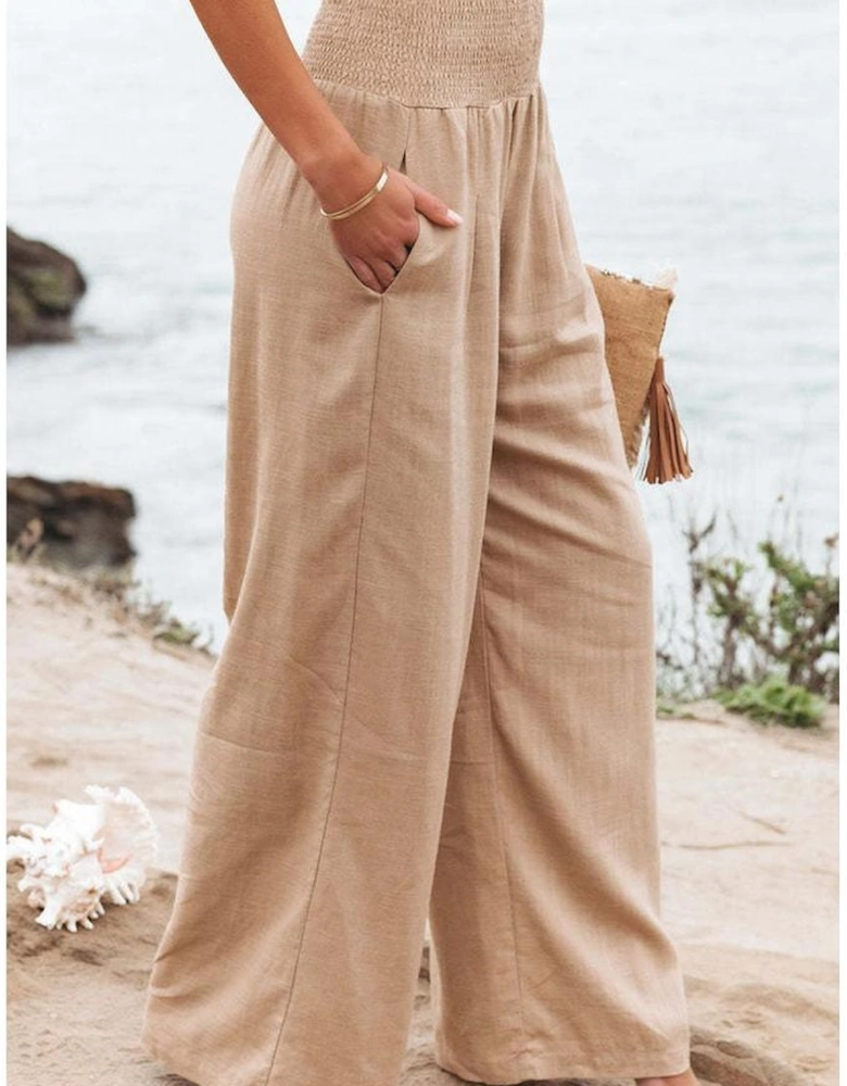 Khaki Smocked Wide Waistband High Waist Wide Leg Pants