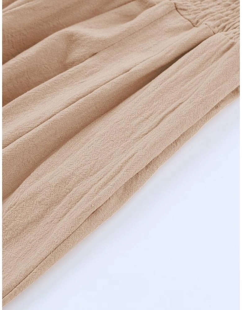 Khaki Smocked Wide Waistband High Waist Wide Leg Pants