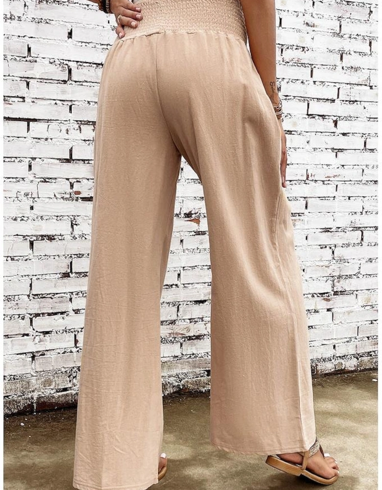 Khaki Smocked Wide Waistband High Waist Wide Leg Pants