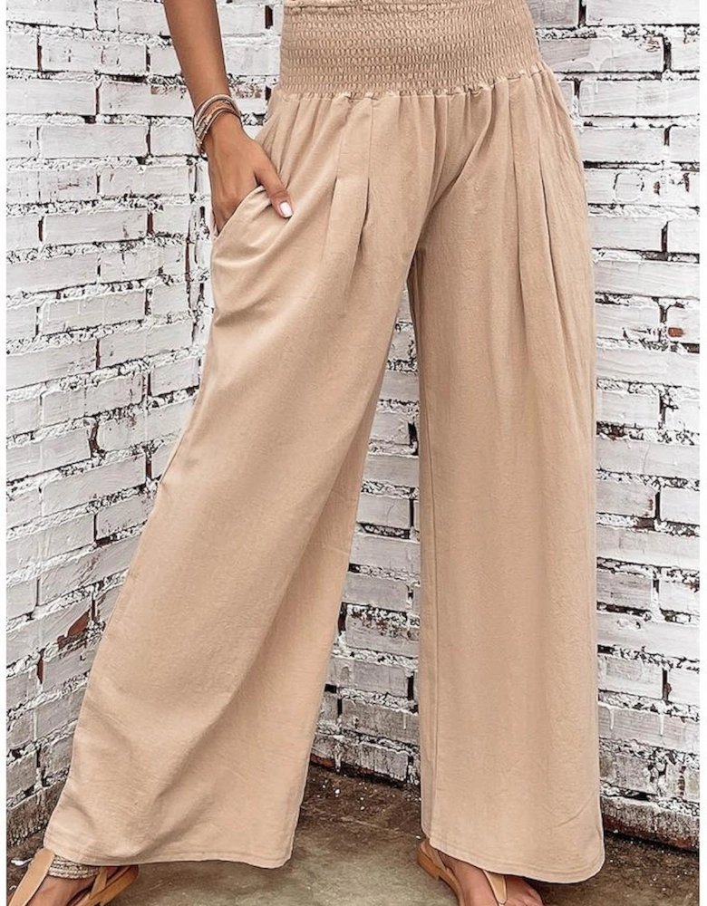 Khaki Smocked Wide Waistband High Waist Wide Leg Pants