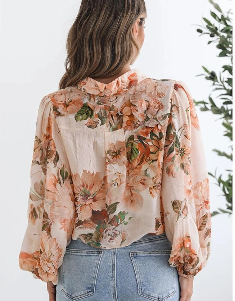 Orange Floral Puff Sleeve Lightweight Shirt