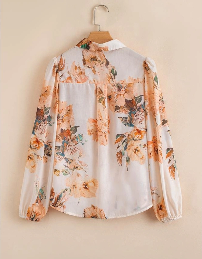 Orange Floral Puff Sleeve Lightweight Shirt