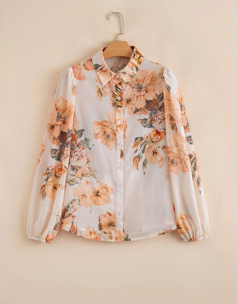 Orange Floral Puff Sleeve Lightweight Shirt
