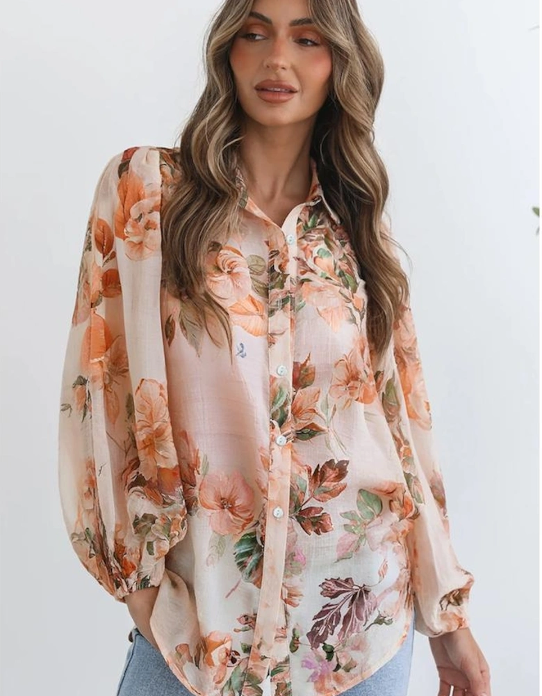 Orange Floral Puff Sleeve Lightweight Shirt