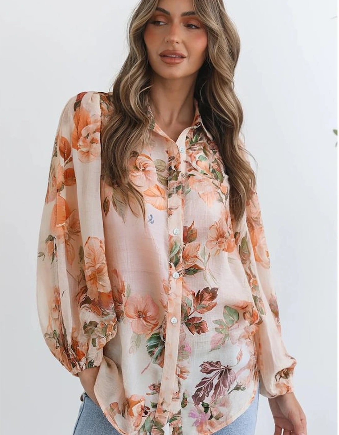 Orange Floral Puff Sleeve Lightweight Shirt