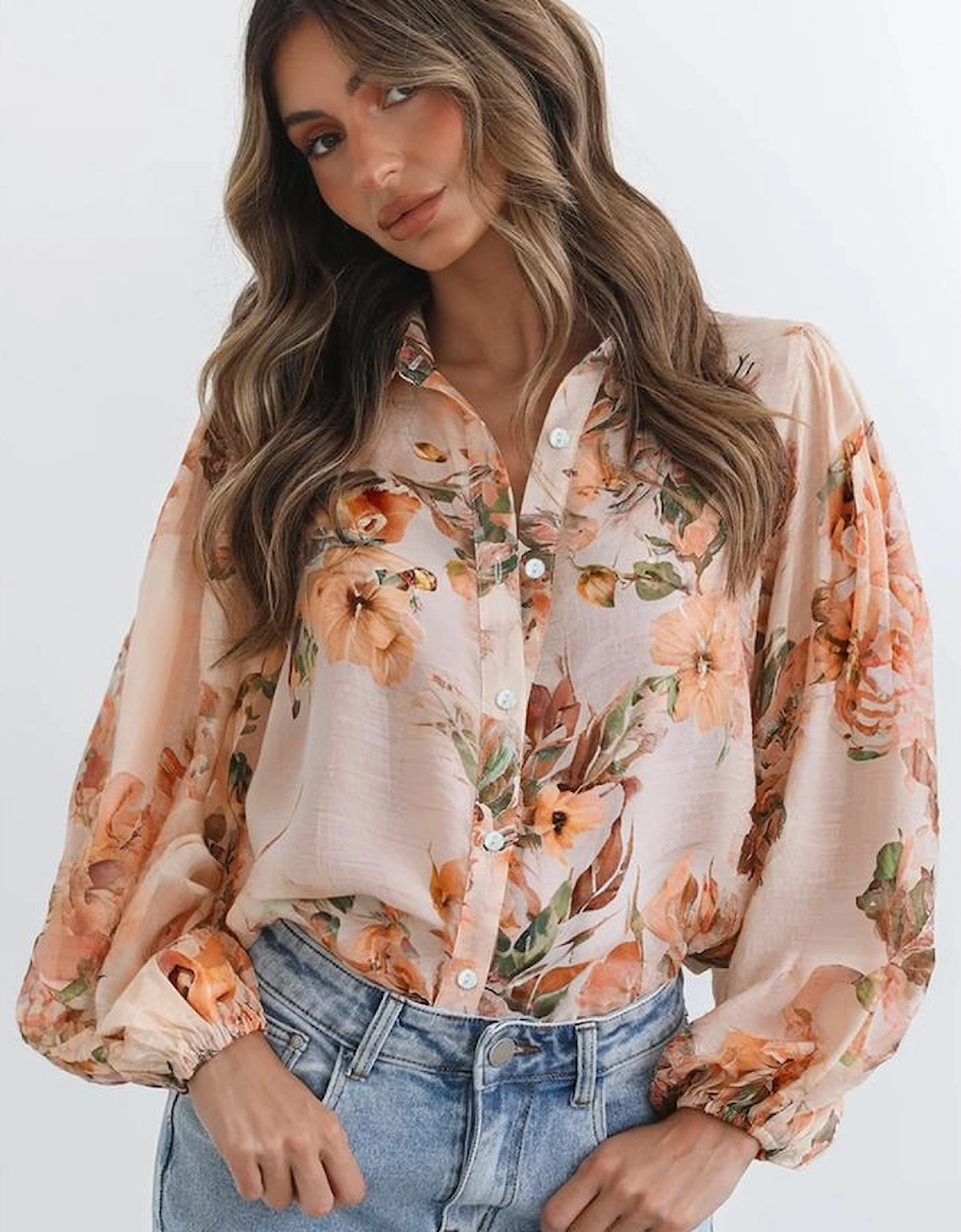 Orange Floral Puff Sleeve Lightweight Shirt