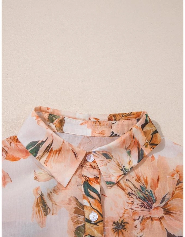 Orange Floral Puff Sleeve Lightweight Shirt
