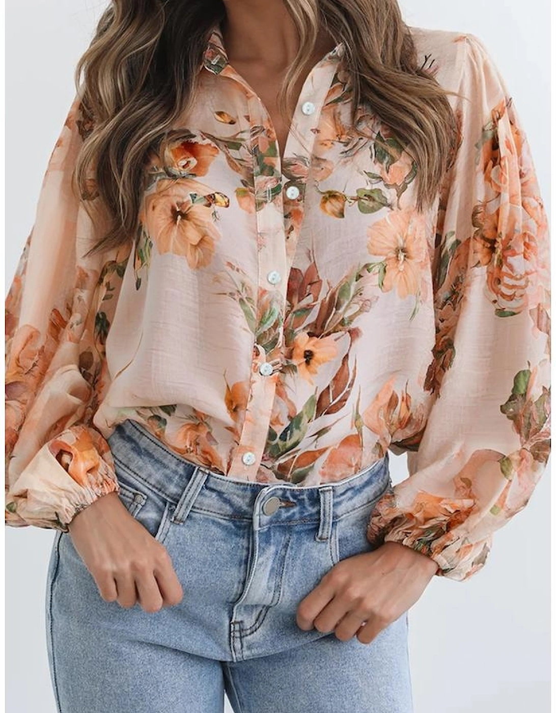 Orange Floral Puff Sleeve Lightweight Shirt