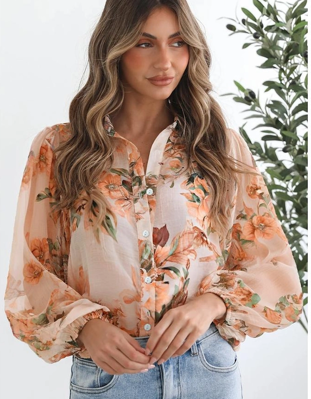 Orange Floral Puff Sleeve Lightweight Shirt