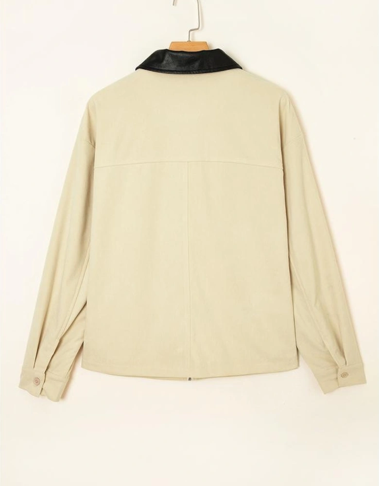 Parchment Contrast Leather Collar Textured Zip Up Jacket