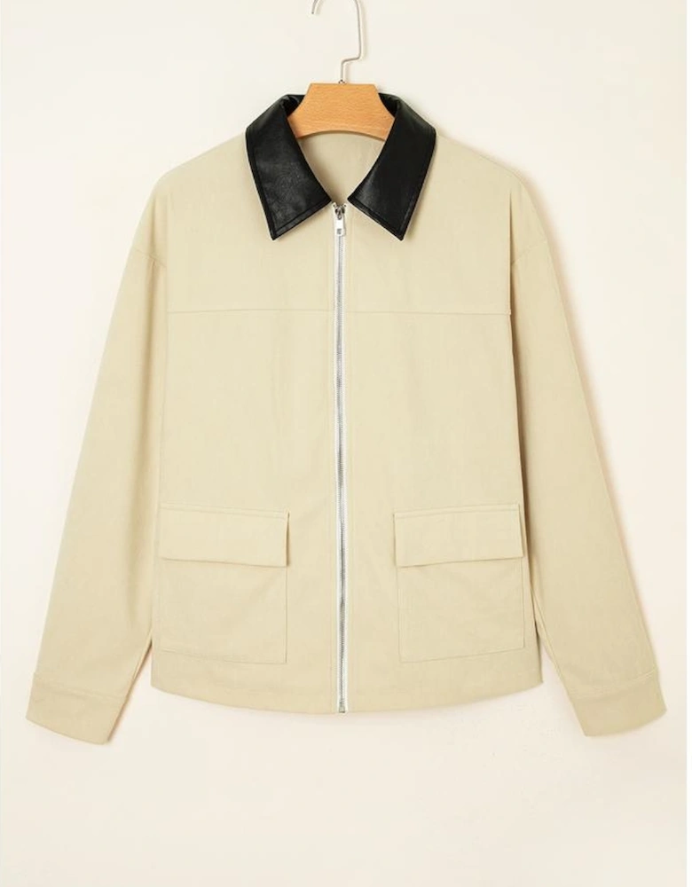 Parchment Contrast Leather Collar Textured Zip Up Jacket