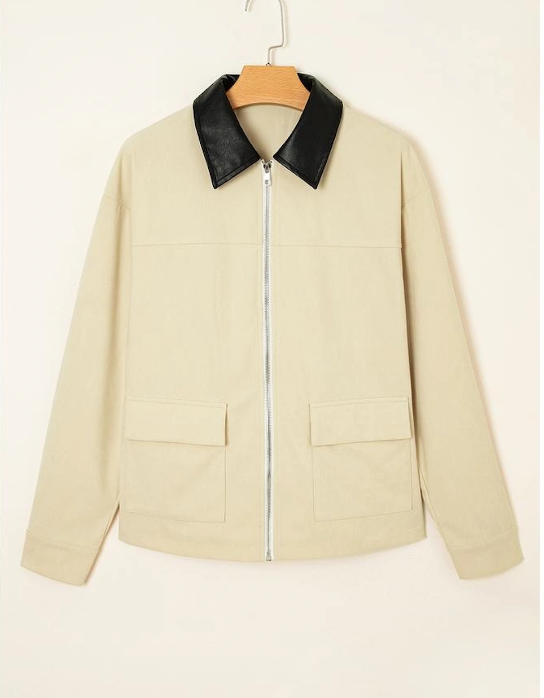Parchment Contrast Leather Collar Textured Zip Up Jacket