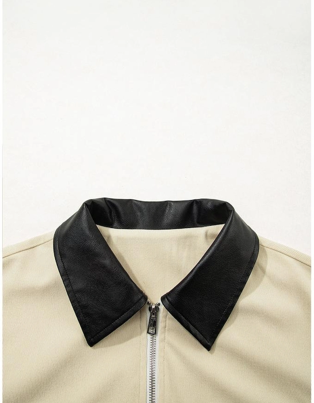 Parchment Contrast Leather Collar Textured Zip Up Jacket