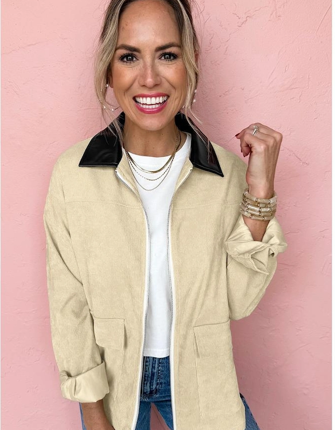 Parchment Contrast Leather Collar Textured Zip Up Jacket