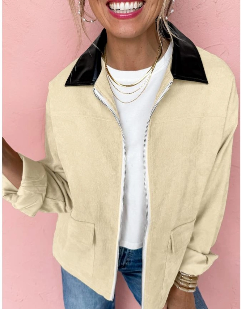 Parchment Contrast Leather Collar Textured Zip Up Jacket