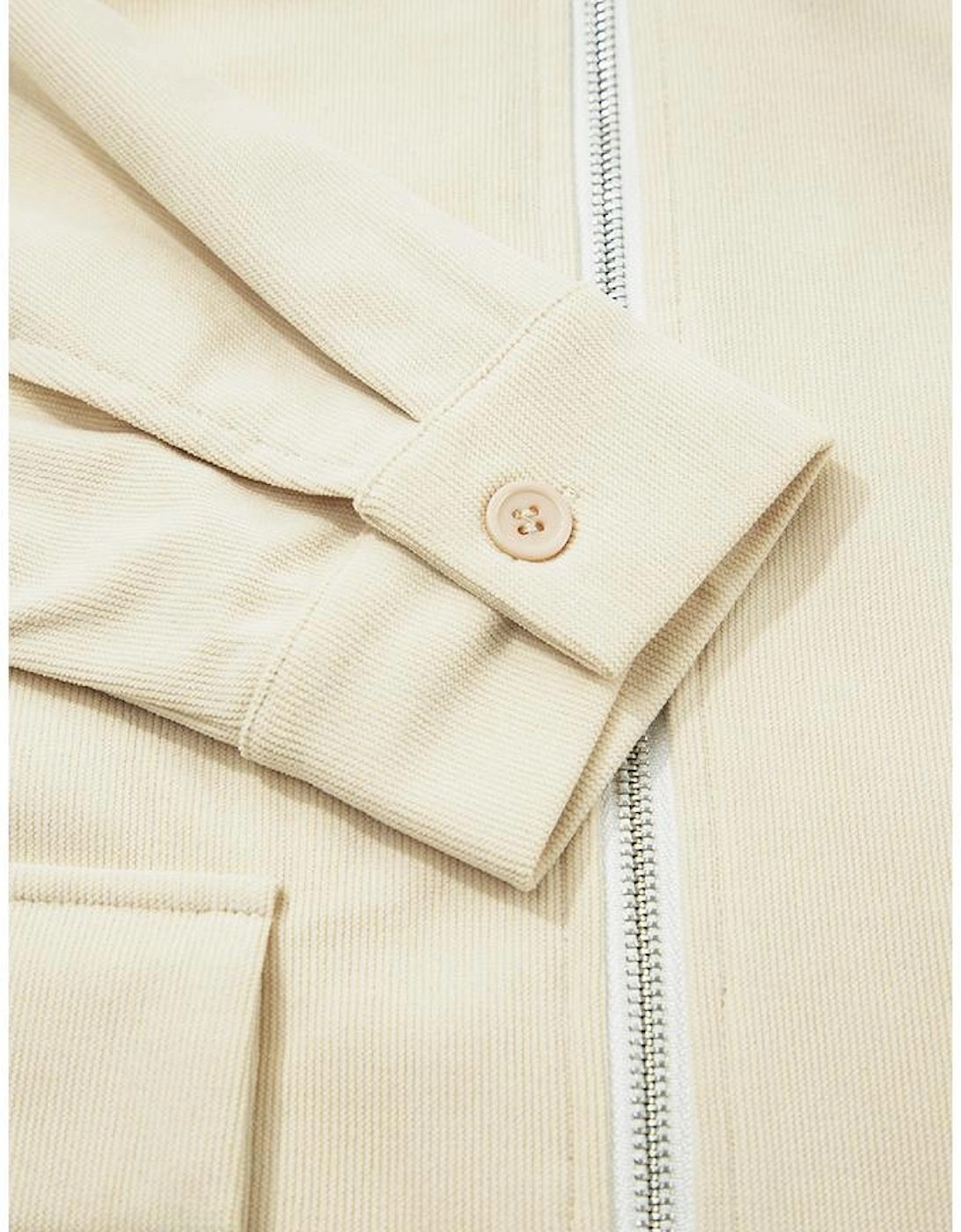 Parchment Contrast Leather Collar Textured Zip Up Jacket