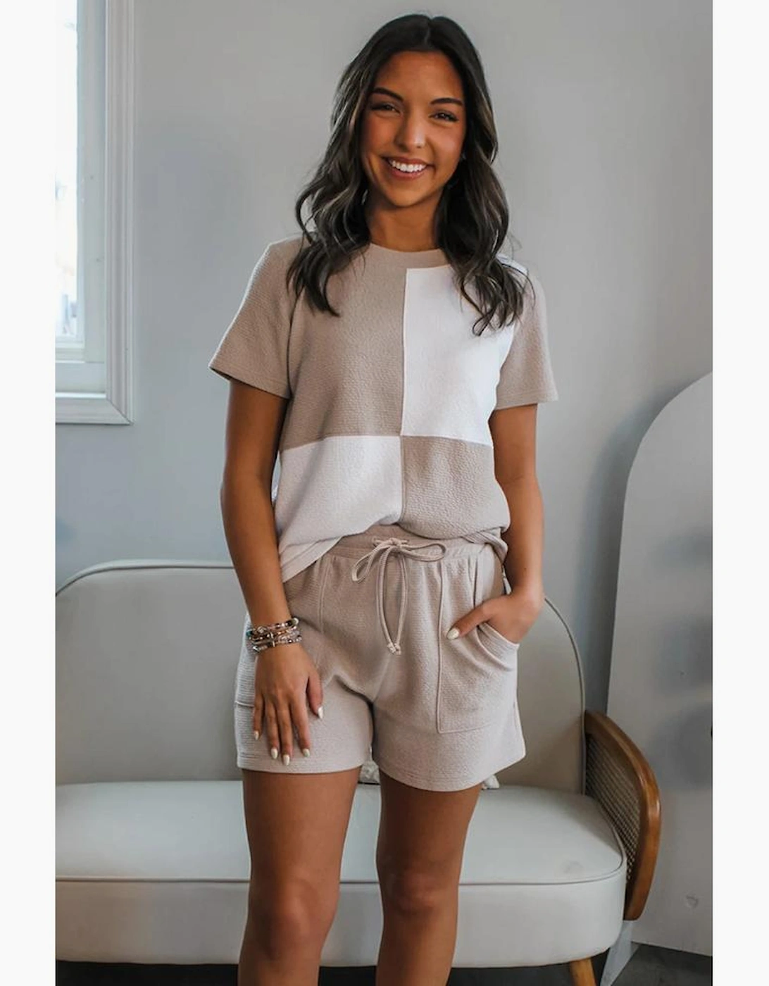 Jet Stream Textured Colorblock Patchwork Tee and Shorts Set