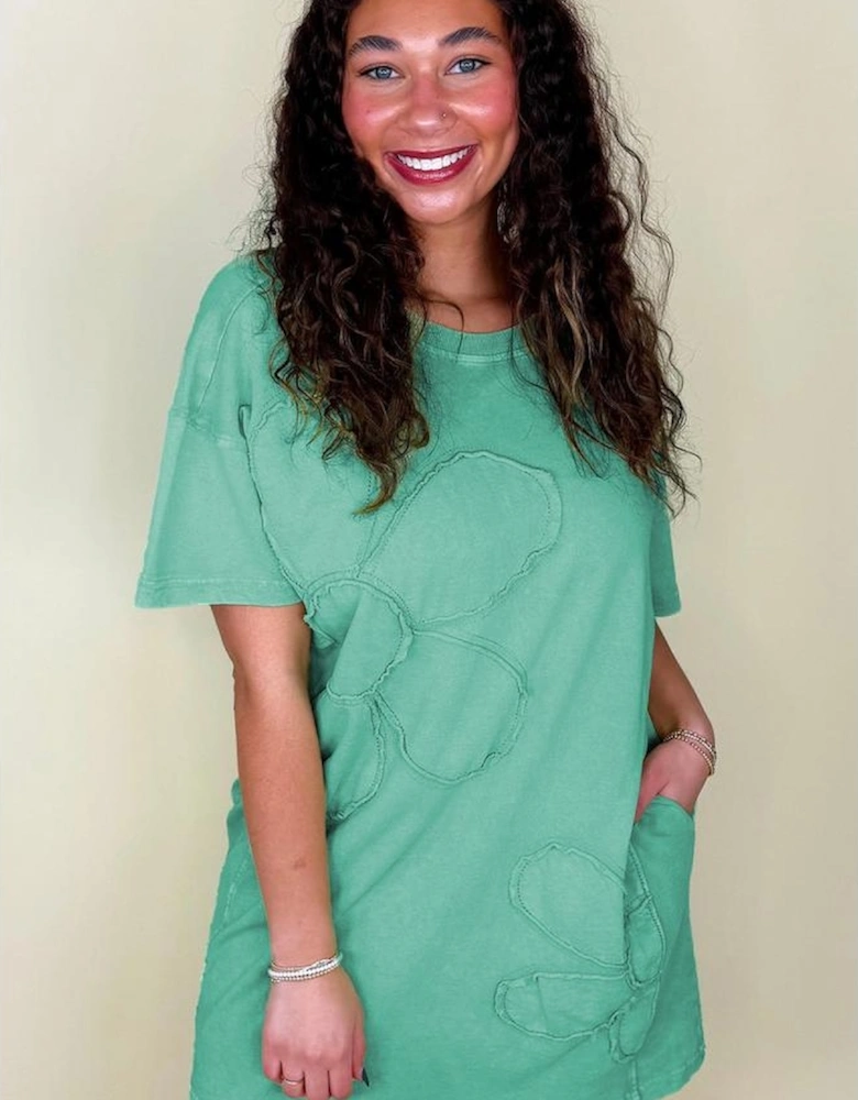 Mint Green Mineral Wash Flower Patchwork Mini T Shirt Dress