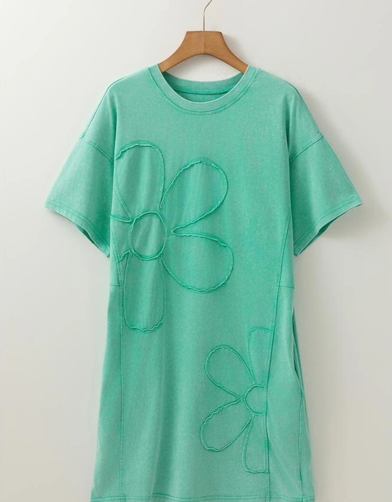 Mint Green Mineral Wash Flower Patchwork Mini T Shirt Dress