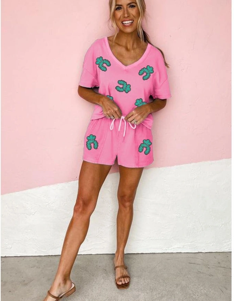 Bonbon Sequin Turquoise Patched V Neck Tee Drawstring Shorts 2pcs Outfit