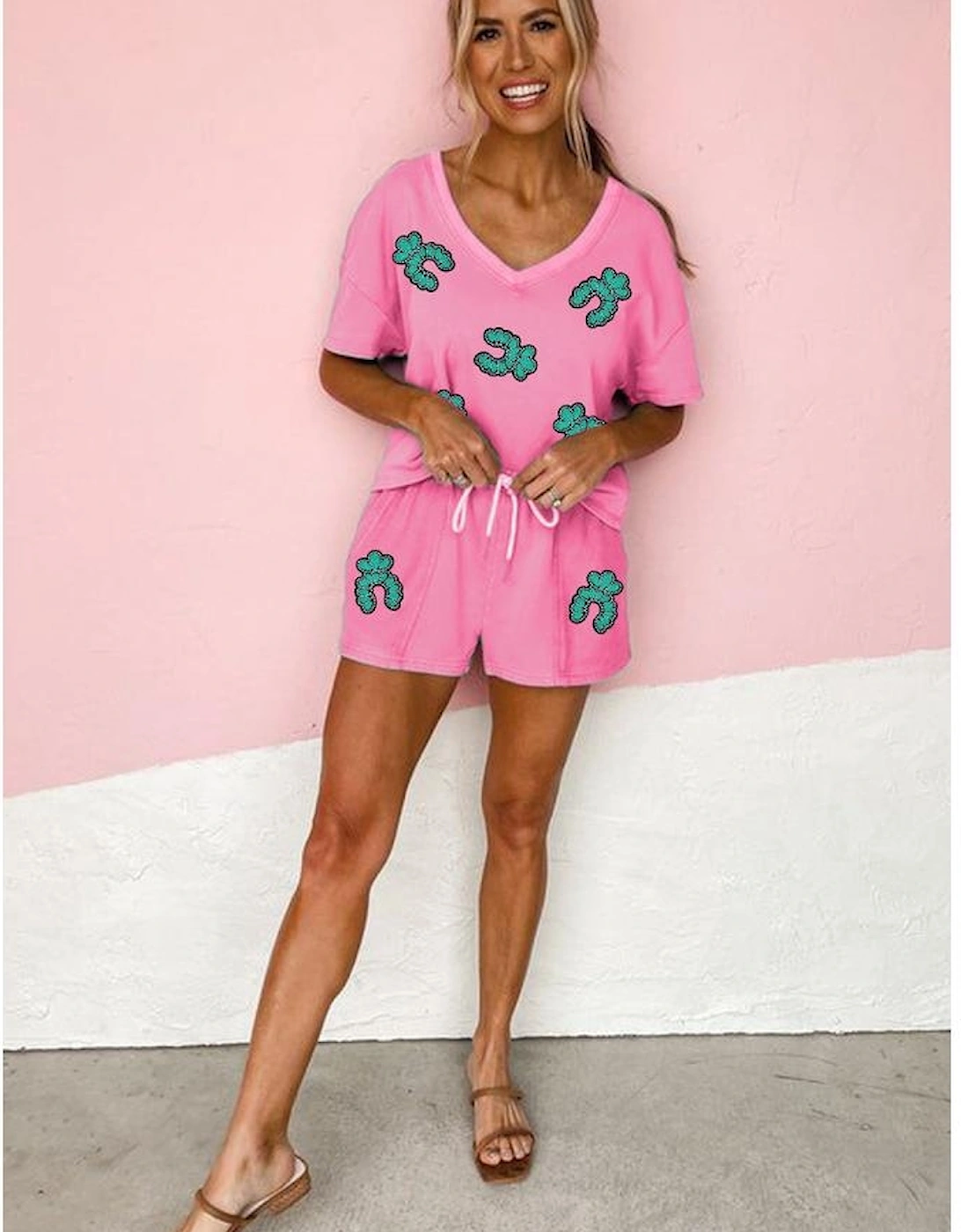 Bonbon Sequin Turquoise Patched V Neck Tee Drawstring Shorts 2pcs Outfit, 8 of 7