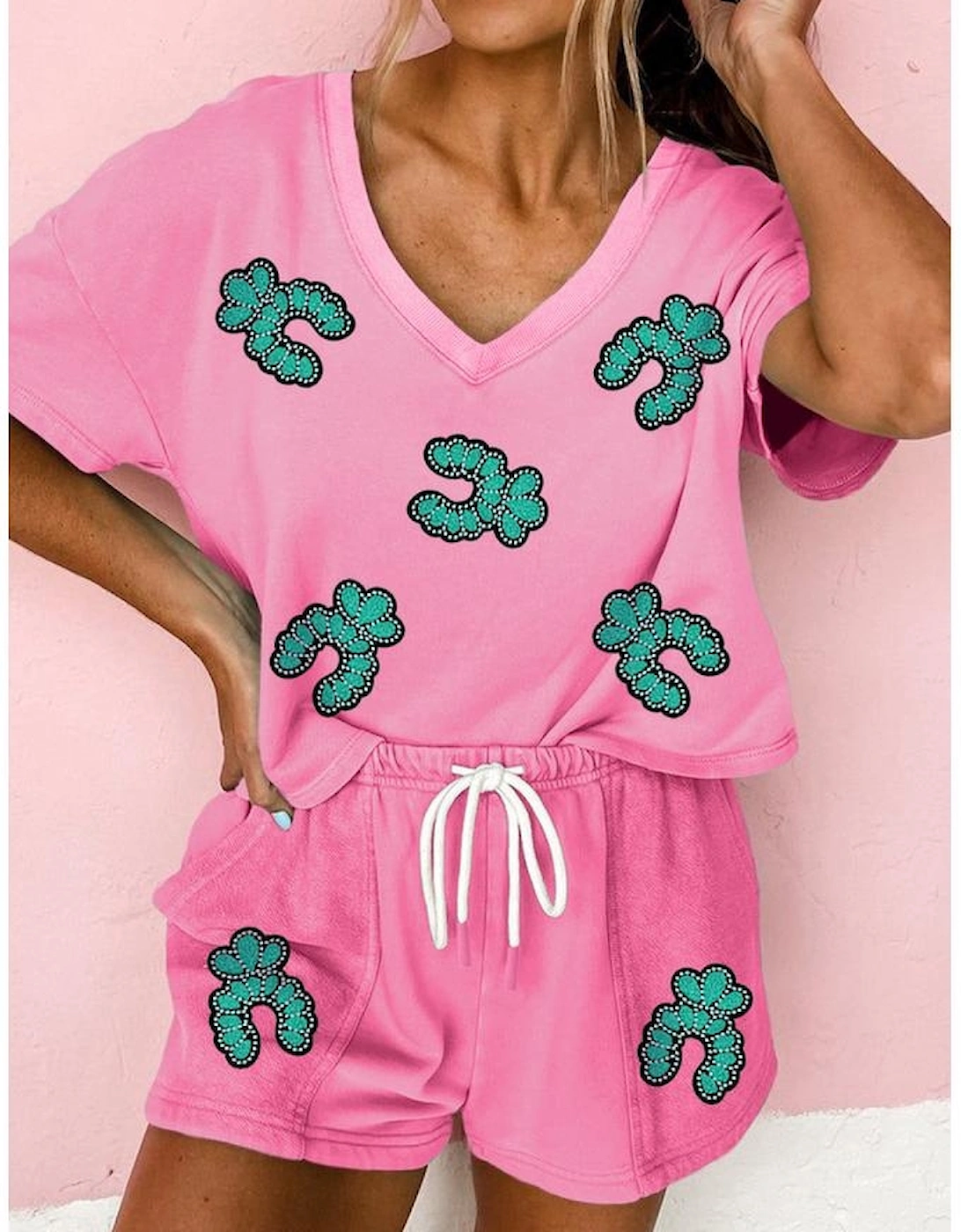 Bonbon Sequin Turquoise Patched V Neck Tee Drawstring Shorts 2pcs Outfit