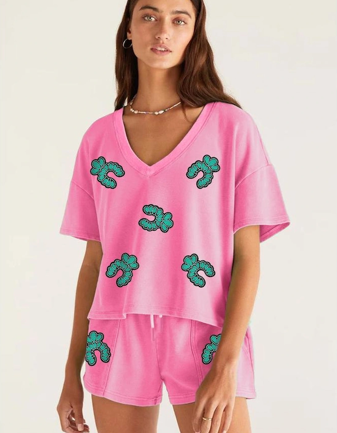 Bonbon Sequin Turquoise Patched V Neck Tee Drawstring Shorts 2pcs Outfit