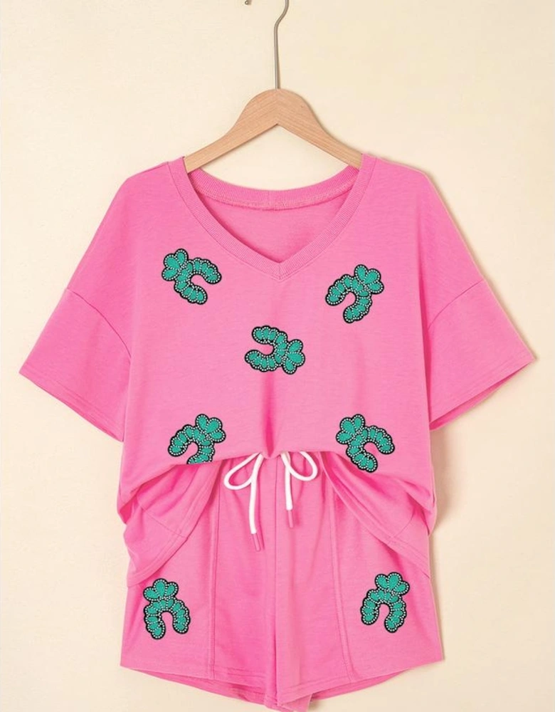 Bonbon Sequin Turquoise Patched V Neck Tee Drawstring Shorts 2pcs Outfit