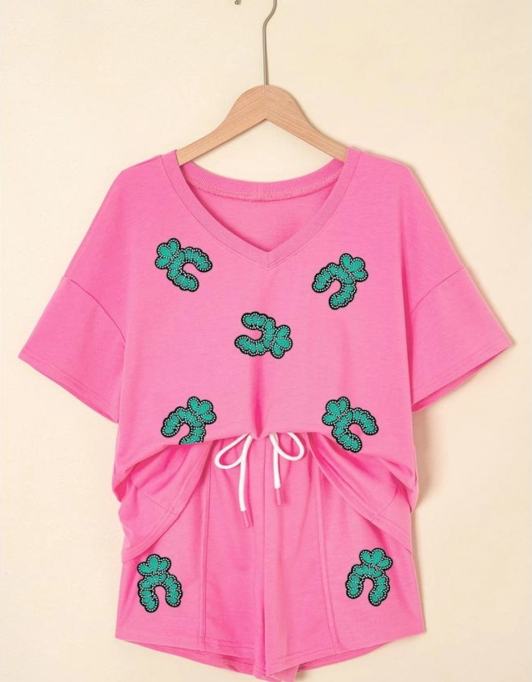 Bonbon Sequin Turquoise Patched V Neck Tee Drawstring Shorts 2pcs Outfit