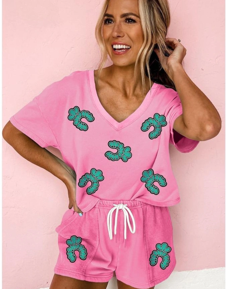 Bonbon Sequin Turquoise Patched V Neck Tee Drawstring Shorts 2pcs Outfit
