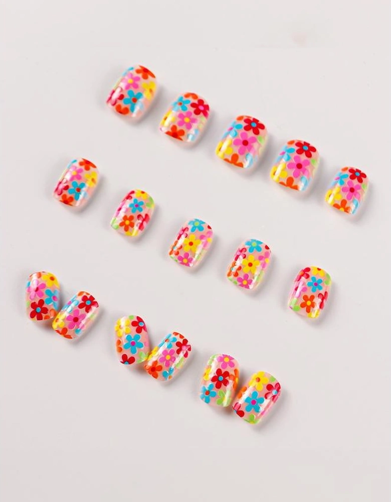 Pink Cute Flowers Print Press On False Nails