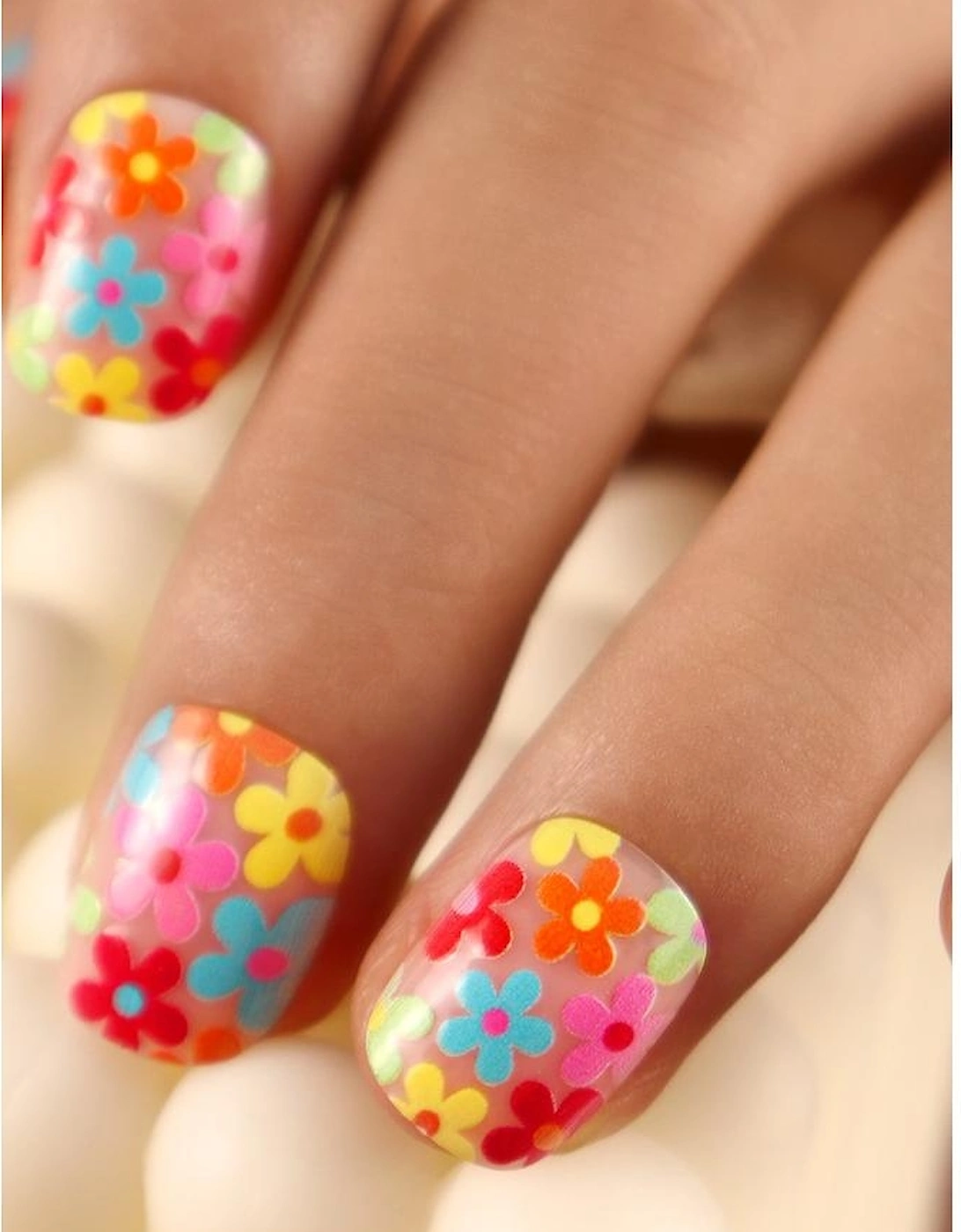 Pink Cute Flowers Print Press On False Nails