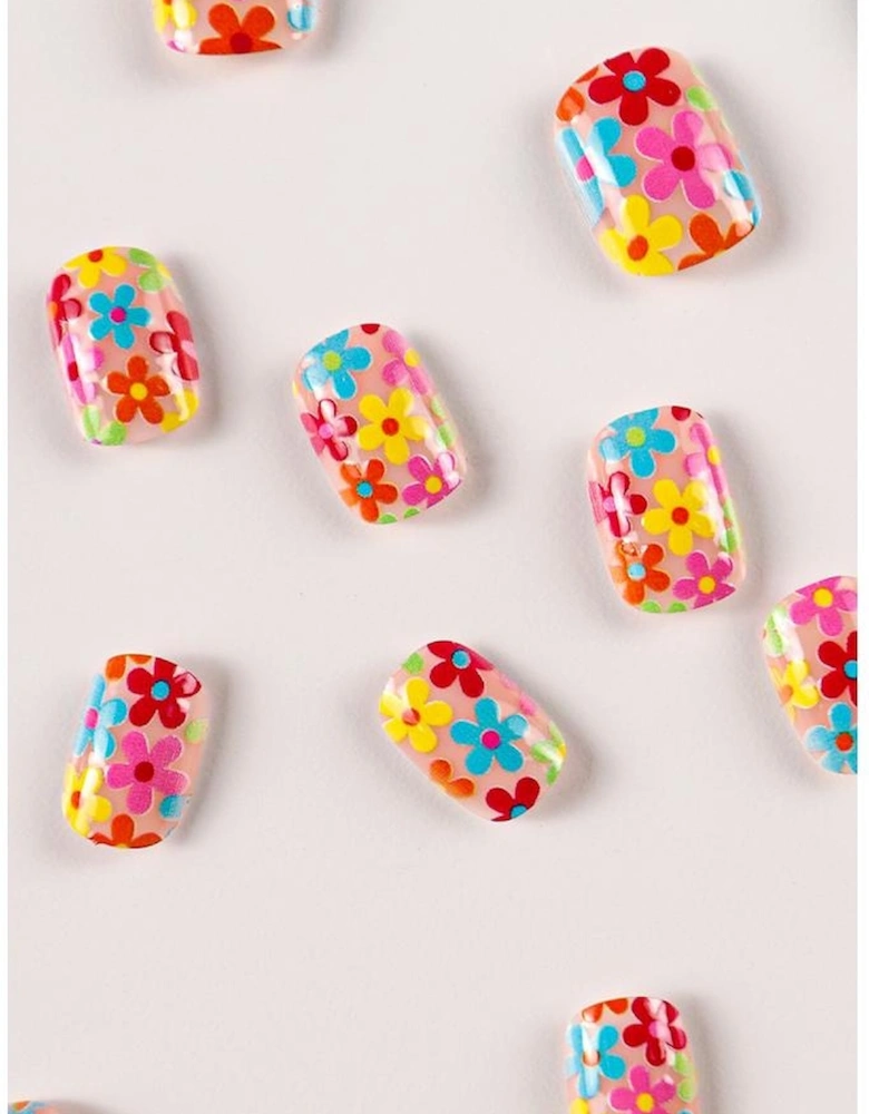 Pink Cute Flowers Print Press On False Nails