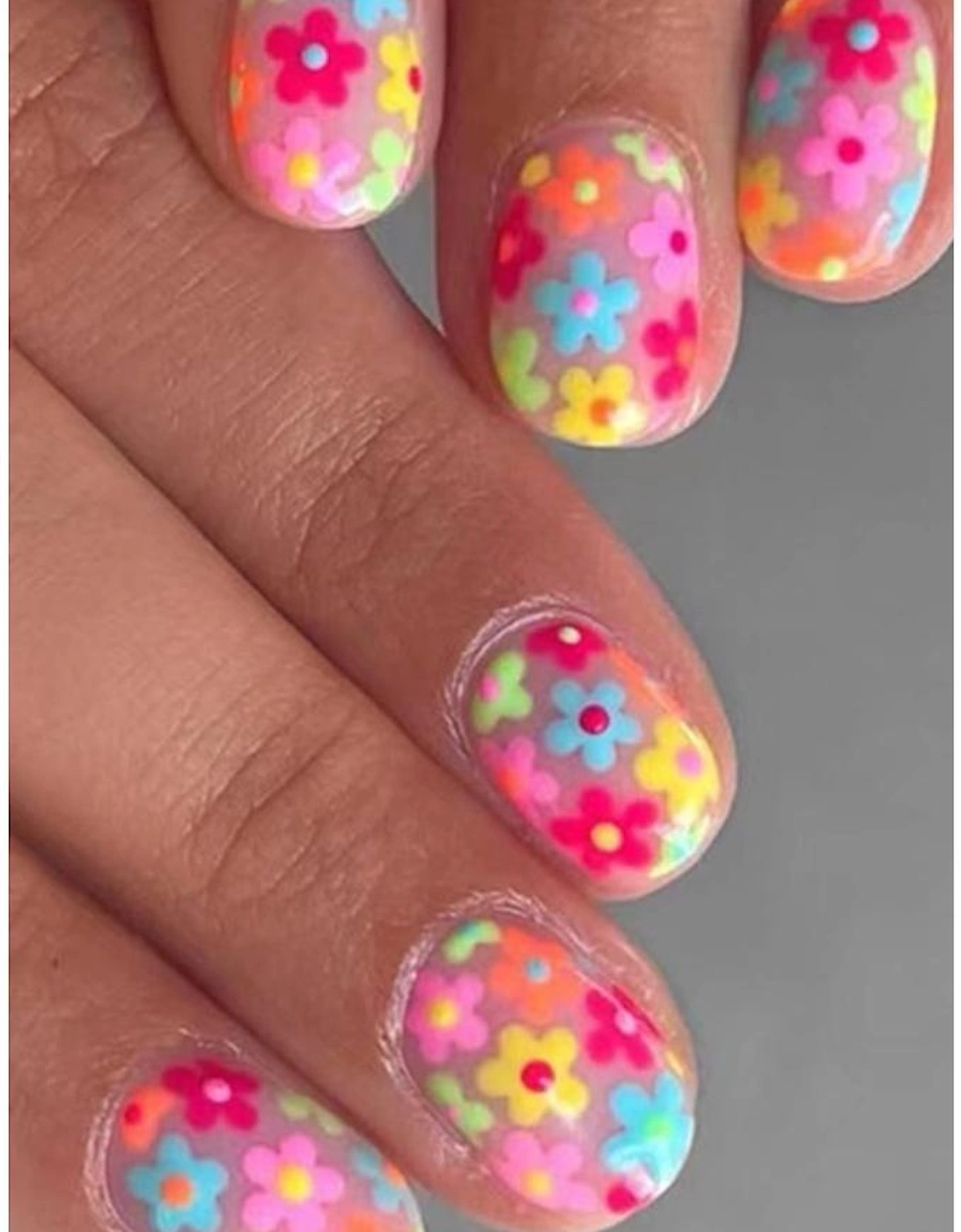 Pink Cute Flowers Print Press On False Nails