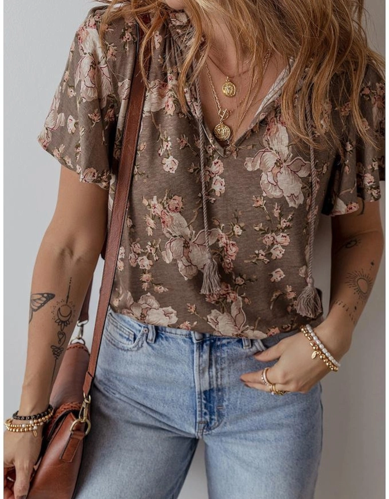 Khaki Retro Floral Print Tassel Tie Split Neck Short Sleeve Blouse