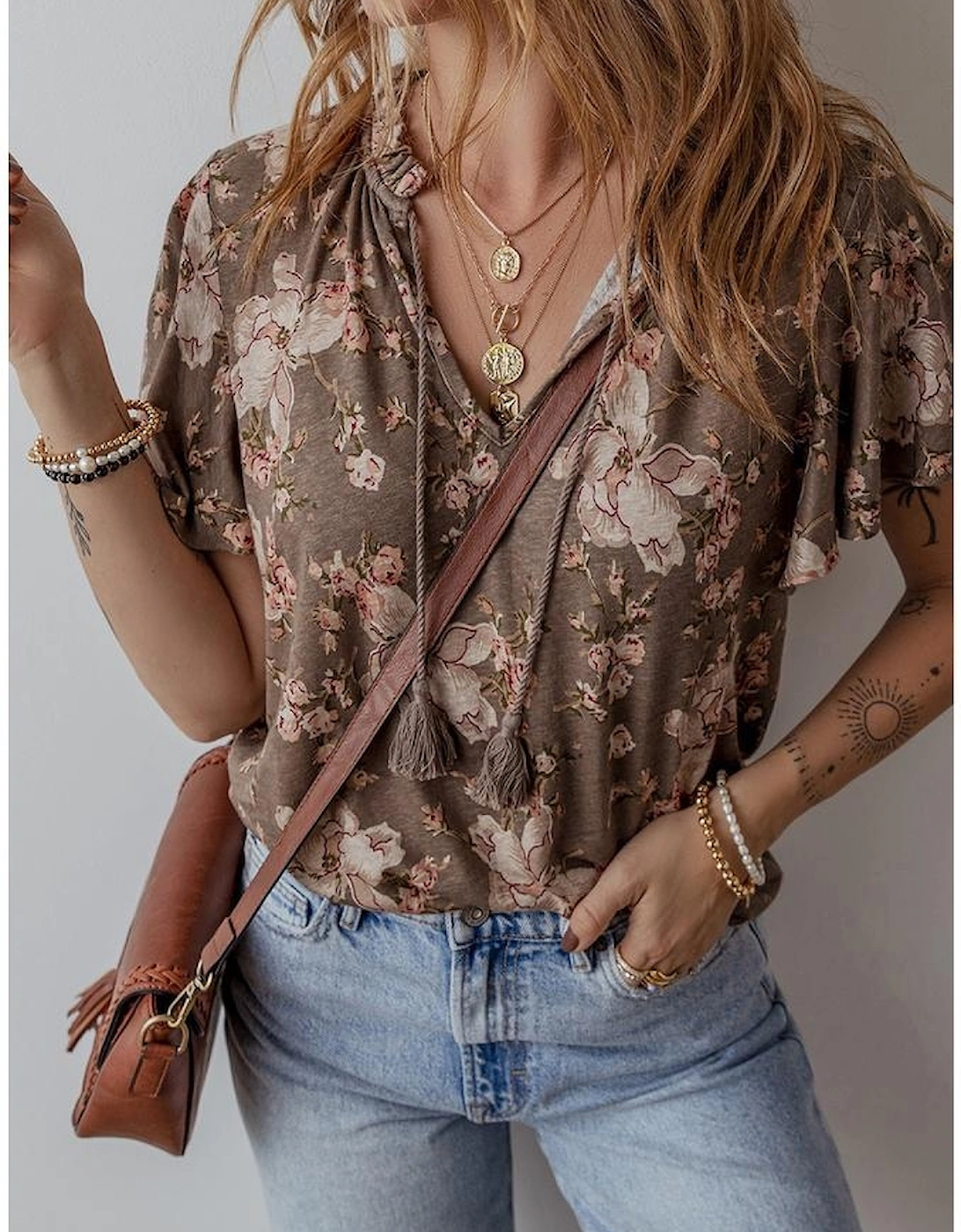 Khaki Retro Floral Print Tassel Tie Split Neck Short Sleeve Blouse