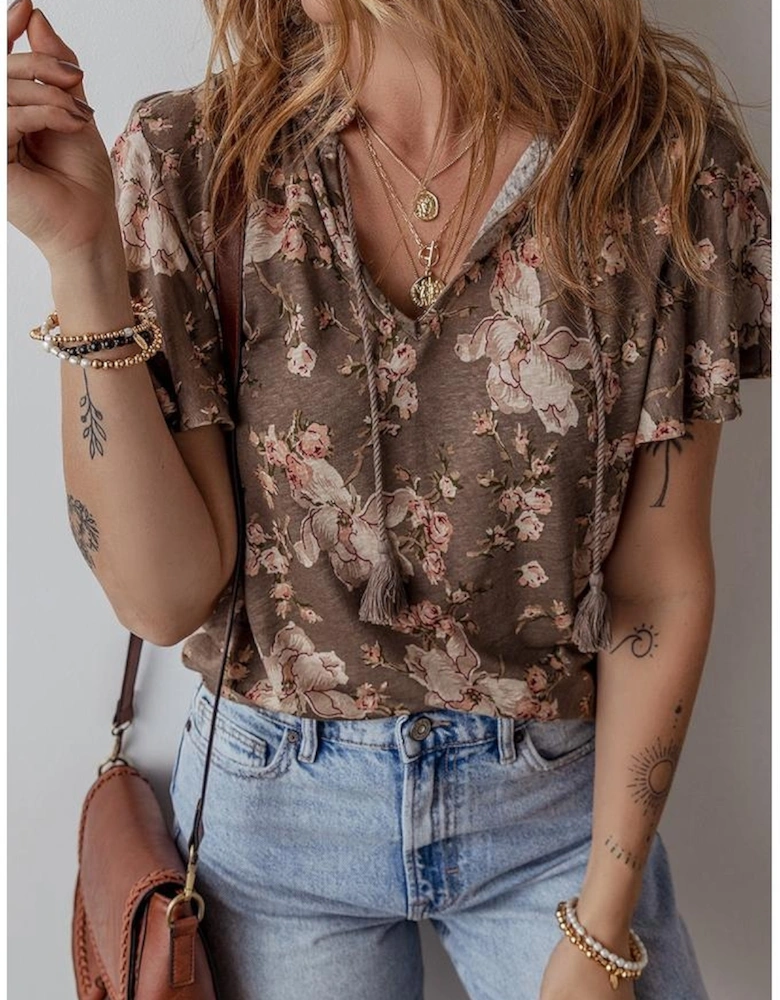 Khaki Retro Floral Print Tassel Tie Split Neck Short Sleeve Blouse