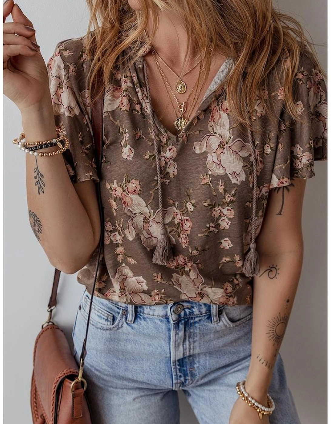 Khaki Retro Floral Print Tassel Tie Split Neck Short Sleeve Blouse