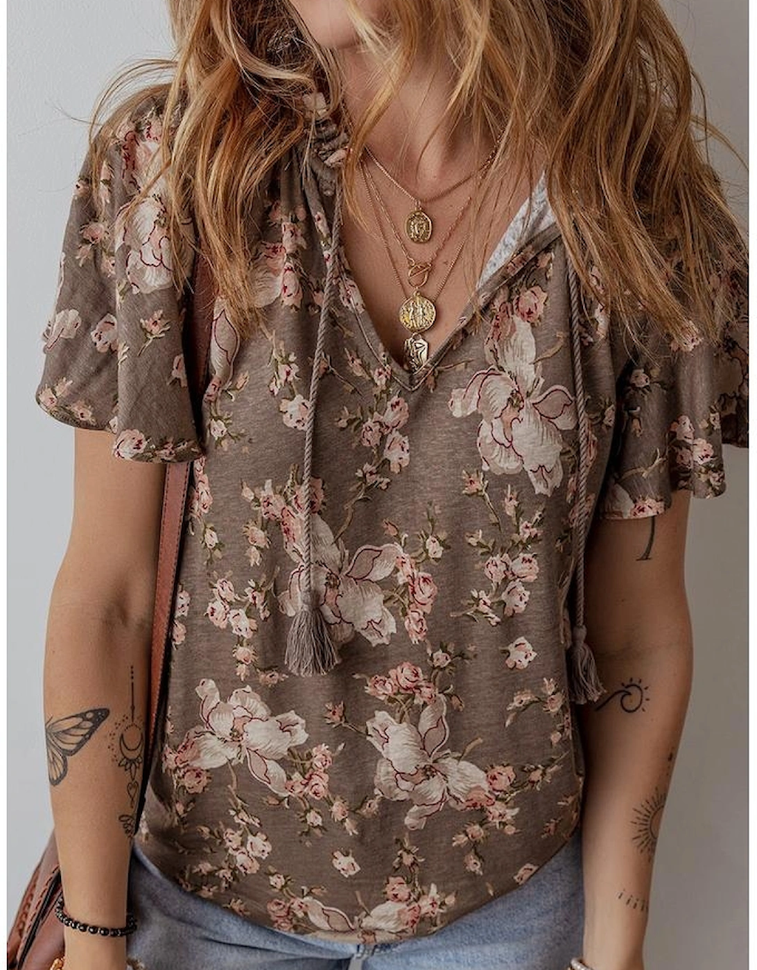 Khaki Retro Floral Print Tassel Tie Split Neck Short Sleeve Blouse