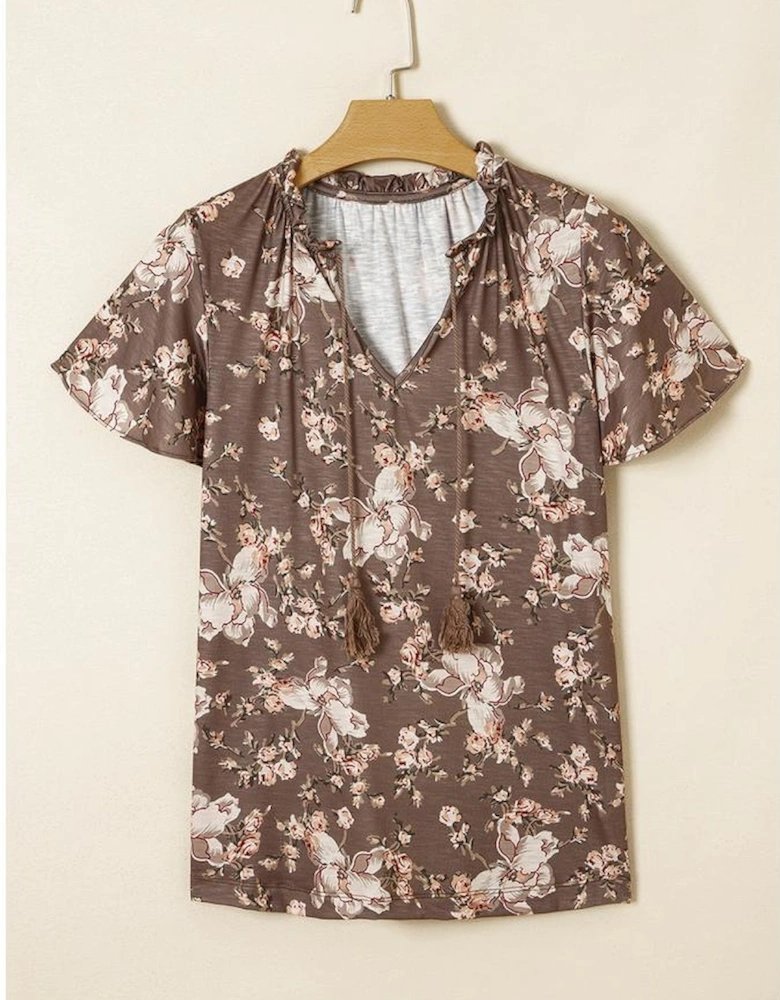 Khaki Retro Floral Print Tassel Tie Split Neck Short Sleeve Blouse
